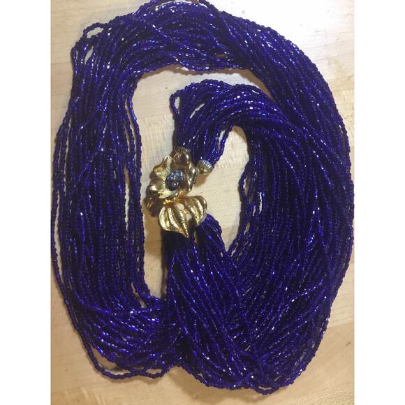 Valjean Vintage Iridescent Cobalt Blue Micro seed bead multistrand long necklace - Picture 2 of 10